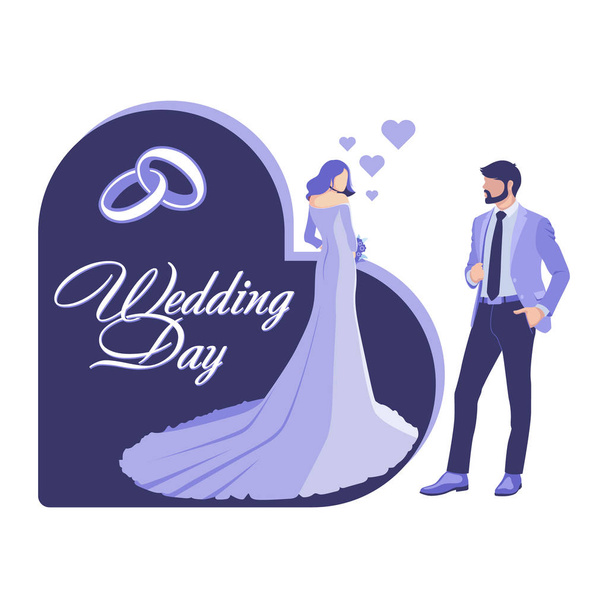 Une fille en robe de mariée et un homme en costume se regardent. Carte de mariage. Illustration vectorielle
. - Vecteur, image