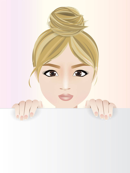 Personagem de desenho animado jovem mulher, menina loira bonita com cabelo de pão segurando folha de papel branco no fundo doce. Ilustração vetorial
. - Vetor, Imagem