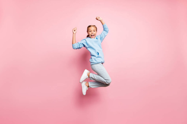 Full length body size side profile photo of excited cheerful ecstatic crazy girlfriend shouting all about her victory expressing emotions isolated over pastel color background - Zdjęcie, obraz