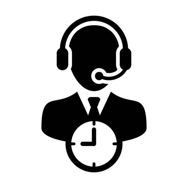 vetor de ícone de suporte ao cliente com símbolo de relógio e perfil de pessoa de serviço de atendimento ao cliente masculino avatar com fone de ouvido para assistente on-line em ilustração de pictograma de glifo
 - Vetor, Imagem