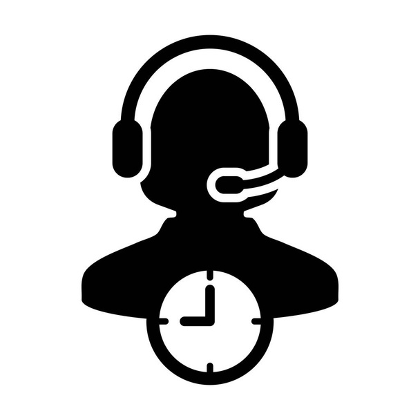 Φορέας εικονίδιο φροντίδας πελατών με σύμβολο ρολογιού και γυναικεία υποστήριξη πελατών προφίλ προσώπου εξυπηρέτησης επιχειρήσεων avatar με ακουστικά για online βοηθό σε εικονόγραμμα glyph - Διάνυσμα, εικόνα