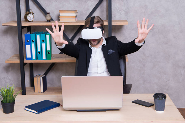 Modern gadget. Business implement modern technology. Virtual work space. Businessman explore virtual reality. Interact in virtual reality. Man formal suit work 3d cyber space. Engineering and design - 写真・画像
