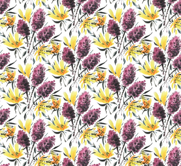 Nahtloses Muster mit Aquarellblumen. Handgezeichnete Illustration.  - Foto, Bild