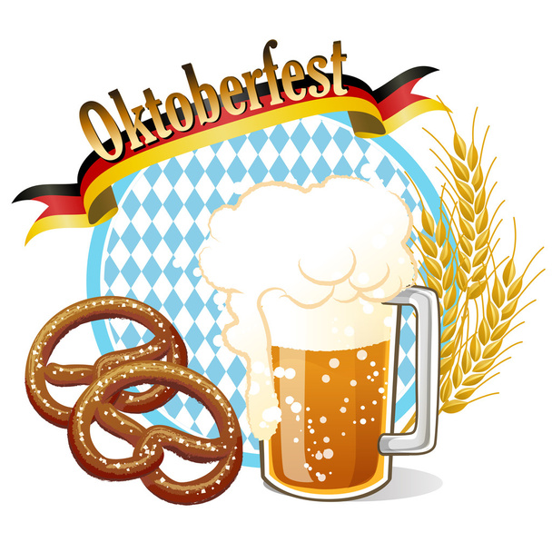 Kerek Oktoberfest ünnepe banner a sör-, perec-, búza-ea - Vektor, kép