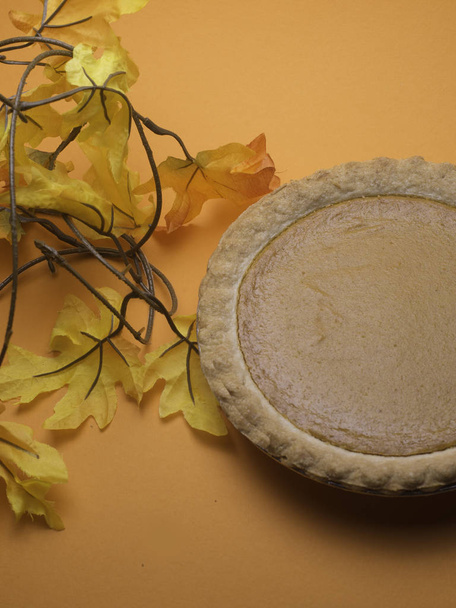 Pumpkin pie and fall colored leaves signifying the beginning of autumn - Foto, imagen
