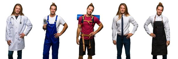 Set of traveler, hiker, doctor, barber and business man posing with arms at hip and smiling - 写真・画像