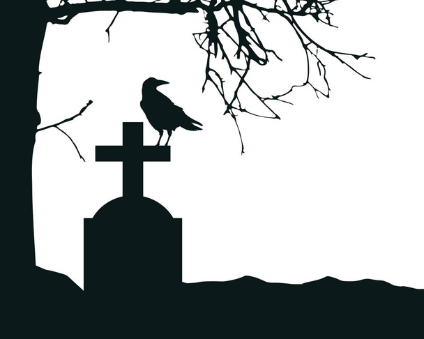 Ρεαλιστική απεικόνιση ταφόπλακας σε νεκροταφείο με καθιστό κοράκι και ξερό νεκρό δέντρο. Απομονωμένο σε λευκό φόντο, με χώρο για κείμενο - διάνυσμα - Διάνυσμα, εικόνα