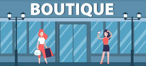 portrait of young fashionable women walking out of boutique, vector - Vector, Image