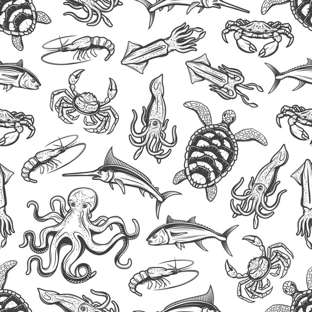 Υποβρύχια ζώα μονόχρωμη μοτίβο χωρίς ραφή - Διάνυσμα, εικόνα