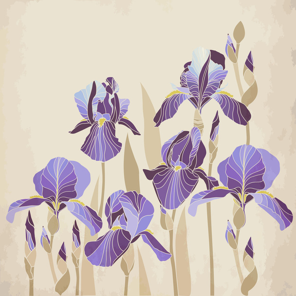 Decorative iris flower on aged background. - Vector, imagen