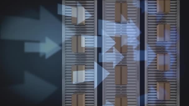 Animation of white arrows passing over overhead view of cardboard boxes moving on conveyor belts - Filmmaterial, Video