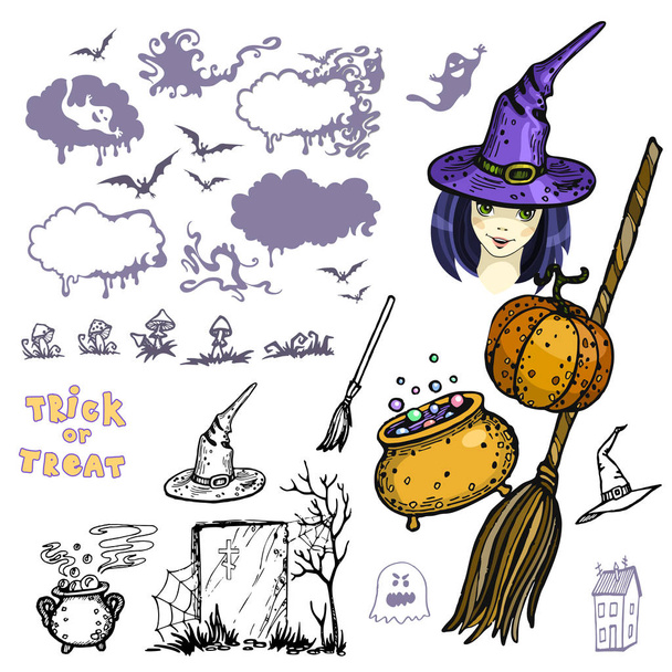 holiday set of vector images with witchs cauldrons and ghosts - Vector, Image