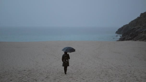 Yksinäinen nainen, jolla on sateenvarjo, kävelee rantaa pitkin meren rantaan.
. - Materiaali, video