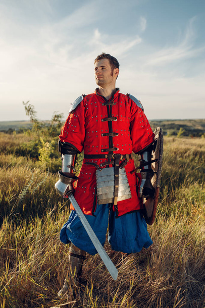 Caballero medieval con espada posa en armadura frente al castillo, gran torneo. Blindados antiguos guerreros en armadura posando en el campo
 - Foto, imagen