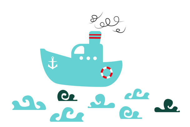 Isolated blue boat and waves on a white background. flat vector. illustration - Vetor, Imagem