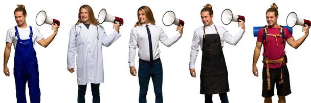 Set of traveler, hiker, doctor, barber and business man taking a megaphone that makes a lot of noise - Photo, Image