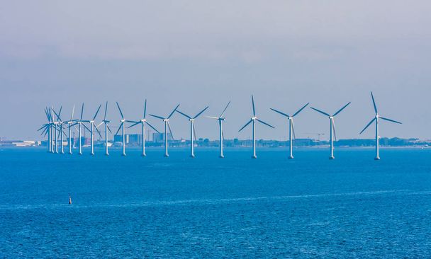 Wind turbines in sea in Copenhagen, Denmark. Offshore wind farm  - Photo, Image