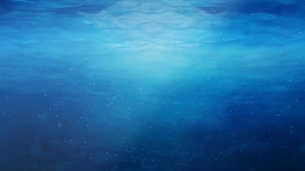 Onderwater in de buurt van oceaan oppervlak met stijgende bubbels in de blauwe zee - 4k naadloze lus beweging achtergrond animatie - Video
