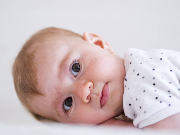 adorable small baby girl with expressive face looking in camera, close-up - Photo, Image