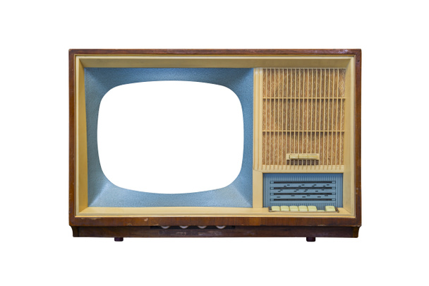 Vintage telewizor z wyciętym ekranem na białym tle. Retro telewizja - stary rocznik TV - Zdjęcie, obraz