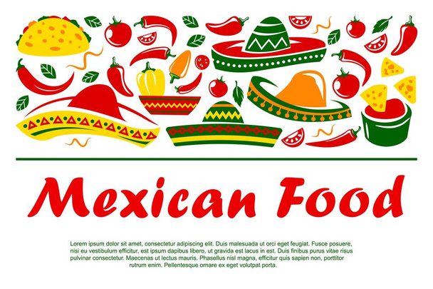 Sombrero kapelusz, kuchnia meksykańska i pieprz chili - Wektor, obraz