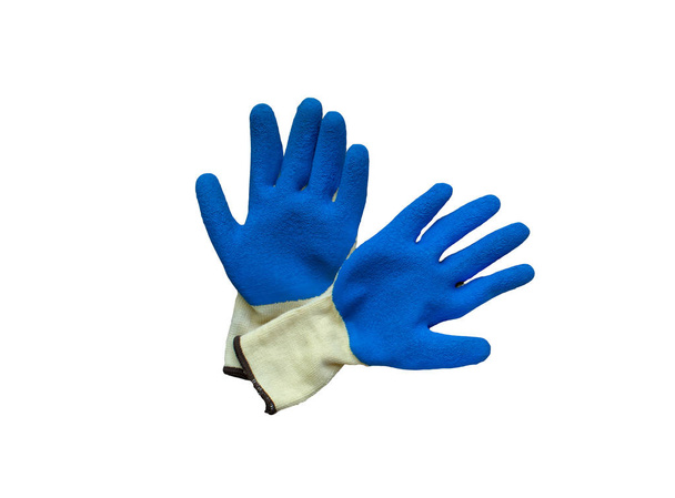 Costruzione isolata guanti gommati su sfondo bianco. Guanti protettivi blu per la costruzione e il funzionamento con sostanze caustiche. Guanti di gomma per riparazione
. - Foto, immagini