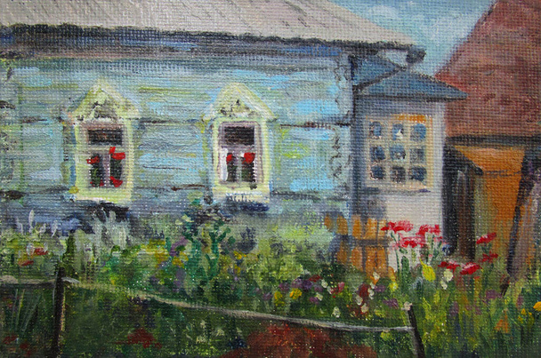 Casa di campagna e fiori, estate in Russia, pittura a olio
 - Foto, immagini