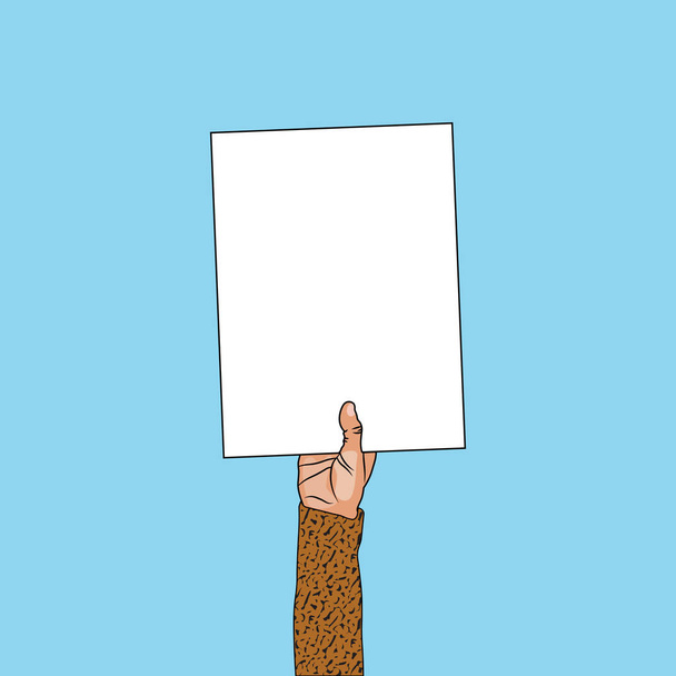 Main humaine tenant un panneau en papier vierge. Cadre de carte vide pour la promotion publicitaire ou un message
. - Vecteur, image