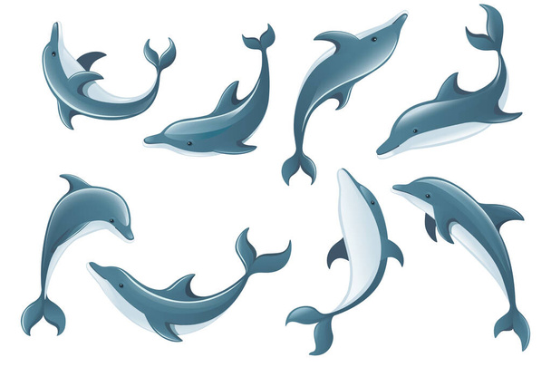 Set van blauwe dolfijn cartoon zee dier ontwerp platte vector illustratie geïsoleerd op witte achtergrond - Vector, afbeelding
