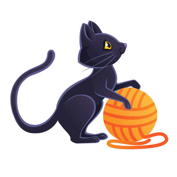 bonito adorável preto gato jogar com laranja bola de lã desenho animal desenho plano vetor ilustração no branco fundo
 - Vetor, Imagem