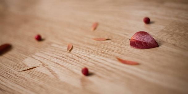  Rowan on wooden background Frame made of autumn dried leaves. - Photo, Image