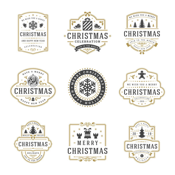 Natale e felice anno nuovo auguri etichette e badge set vettoriale illustrazione - Vettoriali, immagini