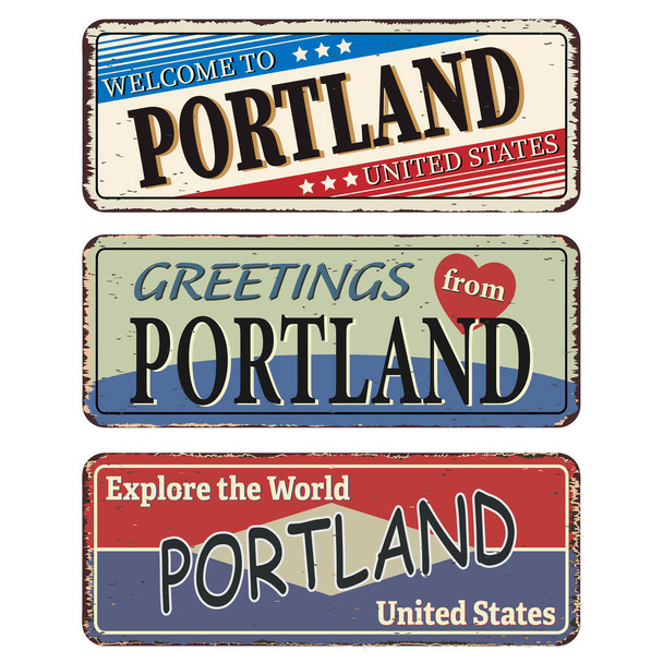Vintage Blechschild Set Portland. Retro-Souvenirs oder alte Postkartenschablonen auf Rost-Hintergrund. - Vektor, Bild