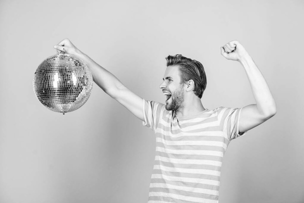 Best party. happy party-goer. party time. birthday celebration. christmas or new year holiday. man dancing on disco. having fun. lets celebrate. prom party. event manager. man with disco ball - Fotoğraf, Görsel