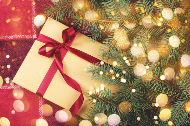 Christmas gift box under the pine tree - Zdjęcie, obraz