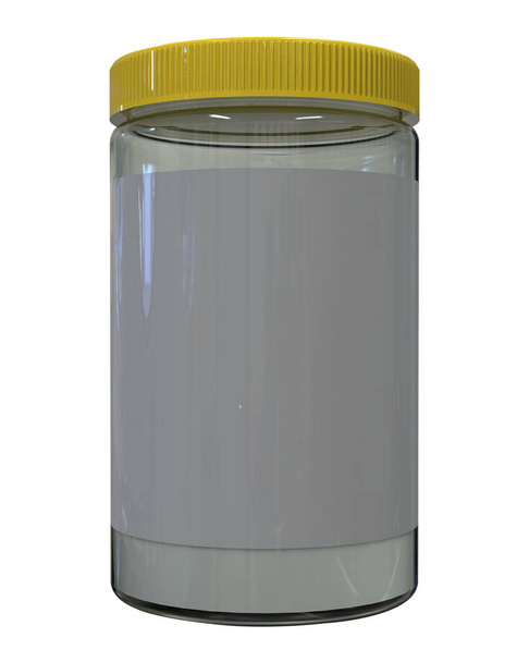 Ilustracja 3d, szklany pojemnik z żółtą pokrywą na białym tle - Zdjęcie, obraz