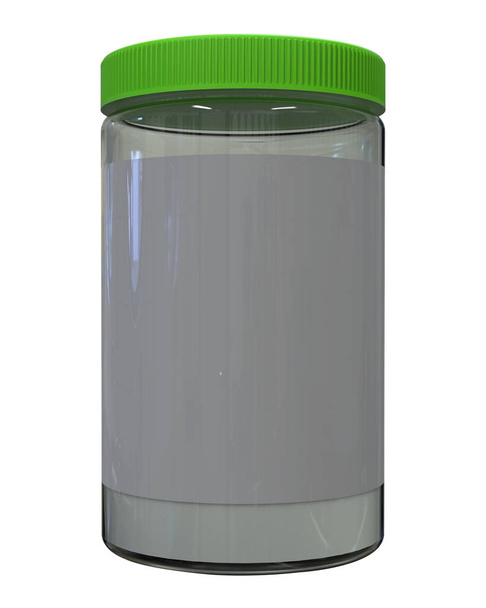 Ilustracja 3D, szklany pojemnik z zieloną pokrywą na białym tle - Zdjęcie, obraz