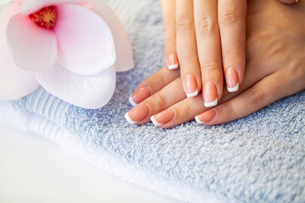 Nails care. Beautiful womans nails with french manicure, in beauty studio - 写真・画像