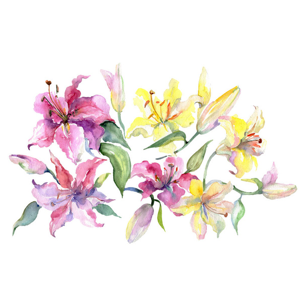 Lilien Strauß blumige botanische Blumen. Aquarell Hintergrund Set vorhanden. isolierte Blumensträuße Illustrationselement. - Foto, Bild