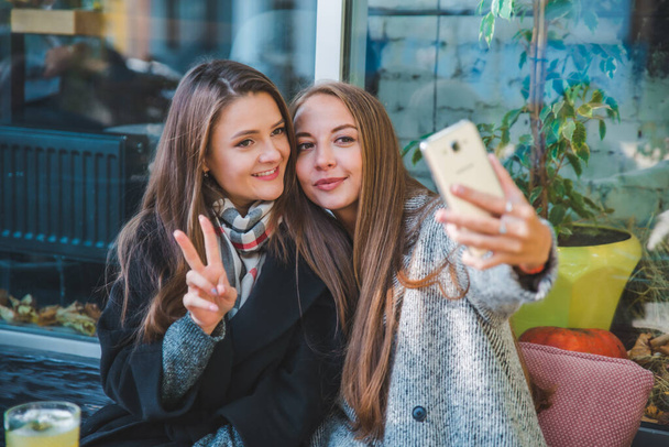 two pretty woman met in cafe taking selfie - Foto, imagen