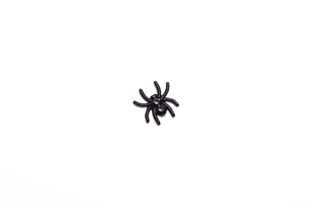 Decoraciones de Halloween araña negra sobre fondo blanco, fondo de vacaciones de Halloween, vista superior
 - Foto, imagen
