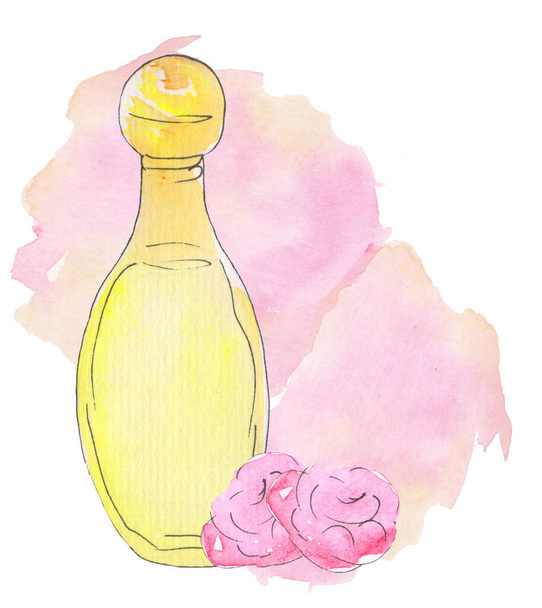 perfume in a transparent glass jar of yellow color with flowers on a background of watercolor stains. watercolor illustration for prints, design, posters, magazines - Фото, зображення
