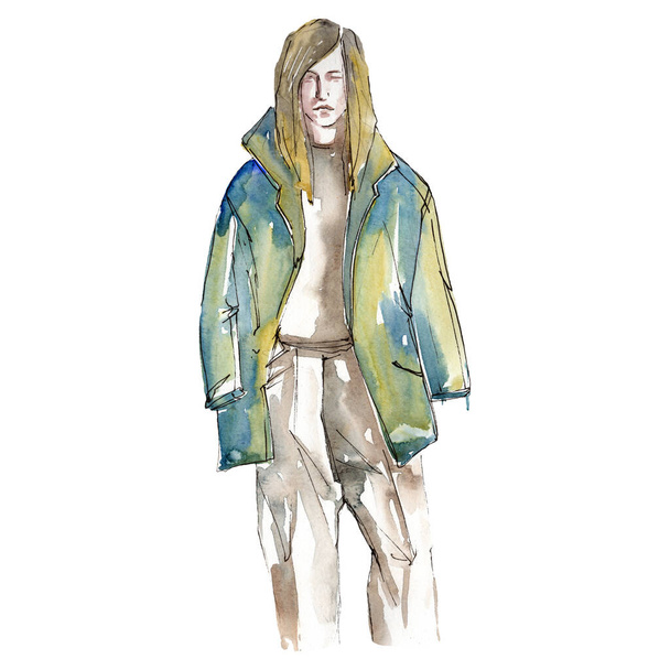 Man in jacket sketch glamour illustration in a watercolor style isolated element. Conjunto de fundo aquarela
. - Foto, Imagem