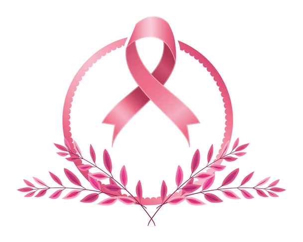 Cinta de campaña contra el cáncer de mama en marco circular con hojas
 - Vector, Imagen