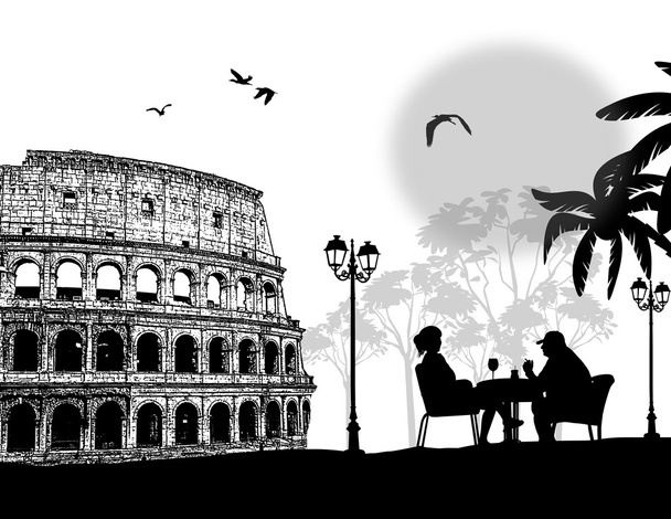 Pari siluetti kahvilassa edessä Colosseum
 - Vektori, kuva