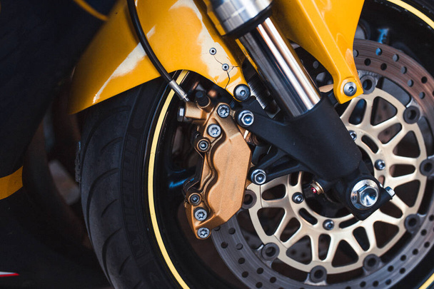  Closeup enduro metal shiny steel  brake pads of Fast extreme mo - Photo, Image