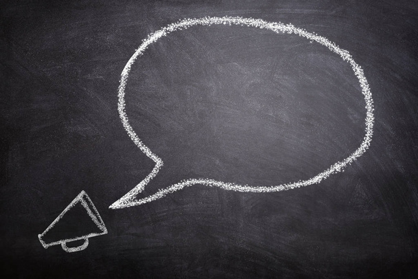 Business Communication Concept : White megaphone and speech bubble on chalkboard. - Photo, Image