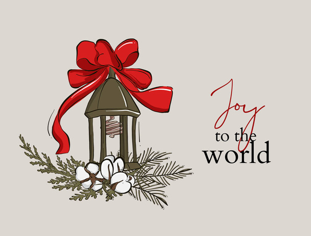 Karácsonyi fény üdvözlőlap kalligráfiai évszak kívánságok - Joy a világnak és összetétele Ünnepi elemek, mint például a karácsonyfa dekorációk, fenyőágak, pamut virág, fény, íj, szöveg - Vektor, kép