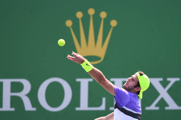 Russian professional tennis player Karen Khachanov competes against Italian professional tennis player Fabio Fognini during the third round of 2019 Rolex Shanghai Masters, in Shanghai, China, 10 October 2019 - Zdjęcie, obraz