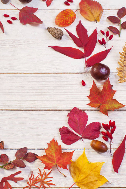 autumnal natural wooden background with autumn decoration - Fotografie, Obrázek